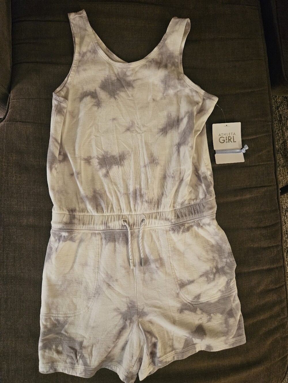 Athleta Girl XXL/16 Tank Romper Shorts Tie Dye Gray Drawstring NWT